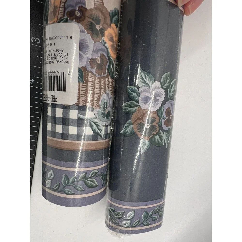 Vintage Wallpaper Border Wide green gingham flower basket dw prepasted 2244